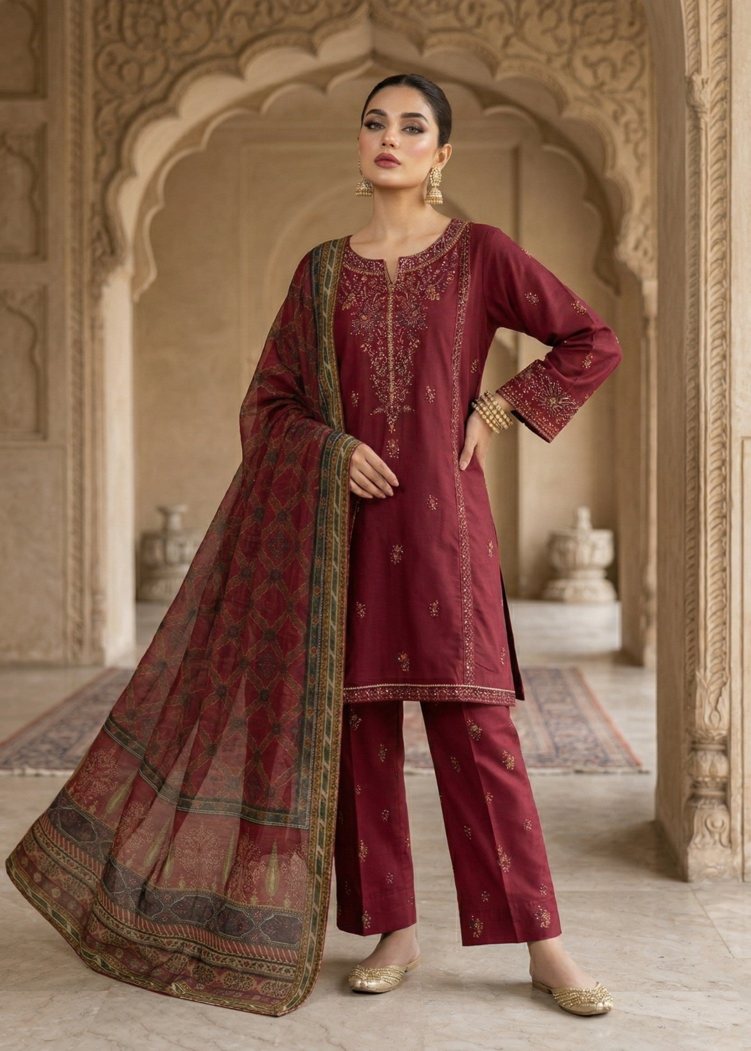 Designer Maroon Embroidered Lawn Dress Material Online in KSA Riyadh Saudi Arabia Oman Bahrain Qatar