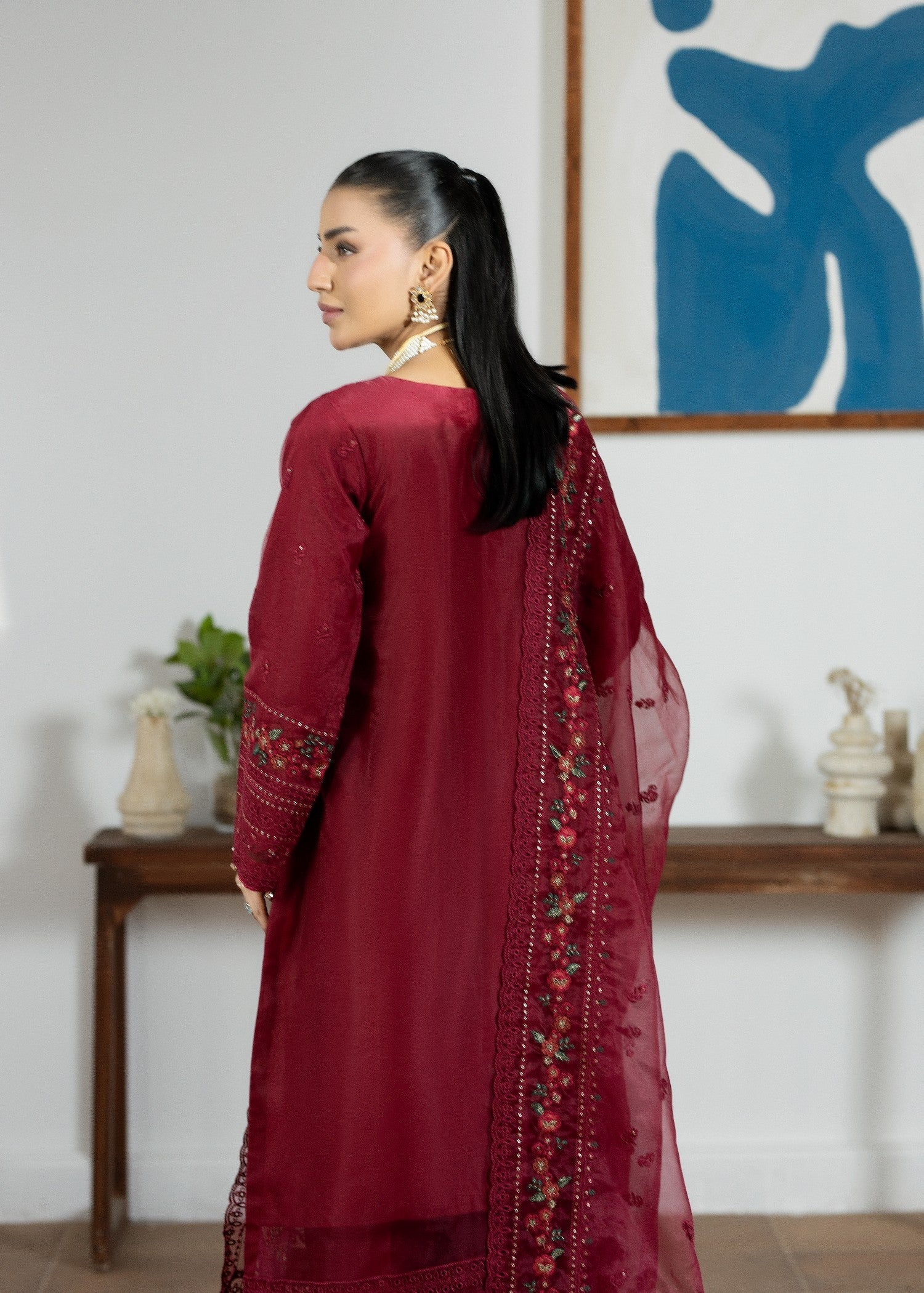 Designer Maroon Embroidered Organza Suit Online in KSA Riyadh Saudi Arabia Oman Bahrain Qatar