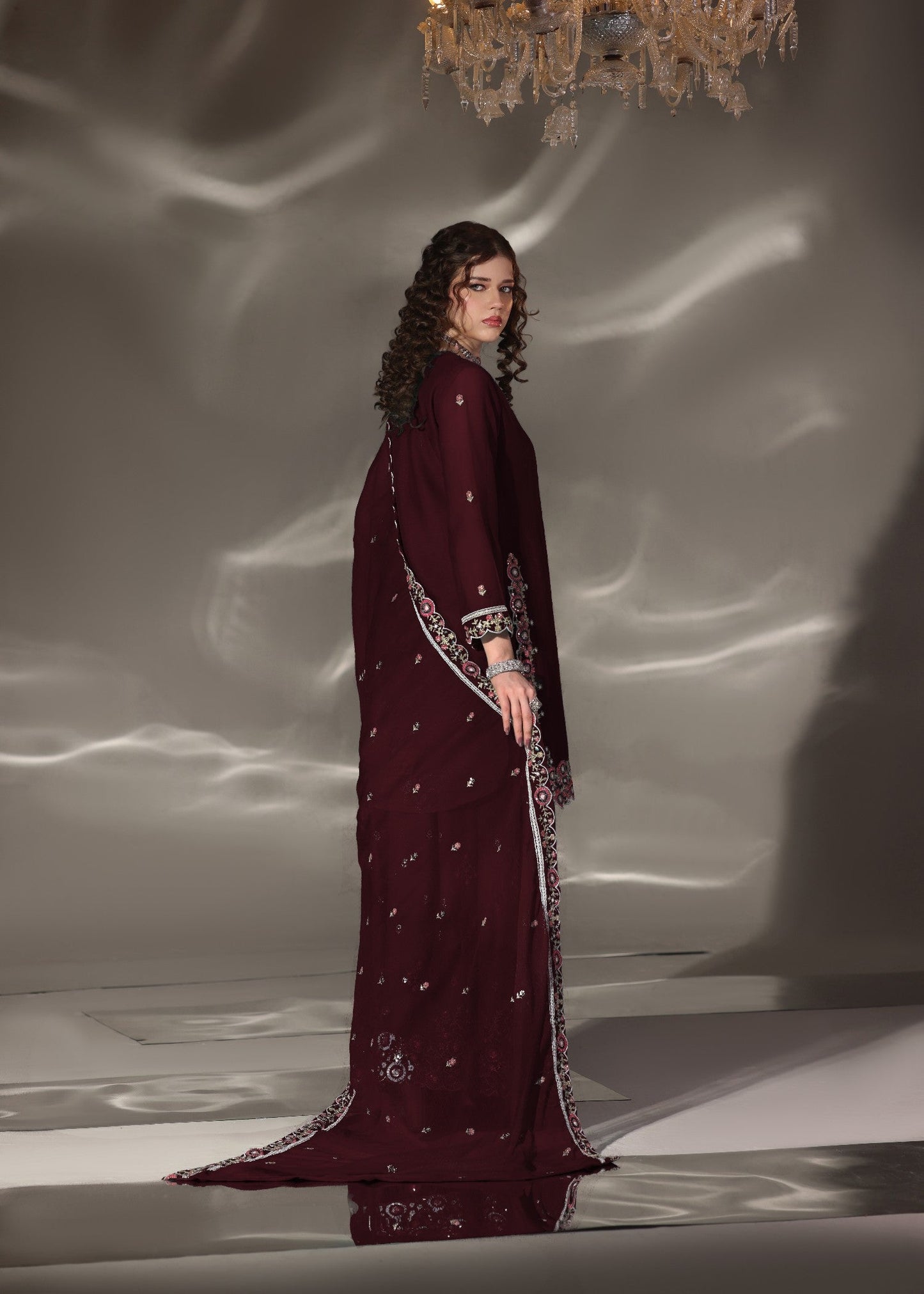 Designer Maroon Embroidered Sharara Chiffon Suit Online in KSA Riyadh Saudi Arabia Oman Bahrain Qatar