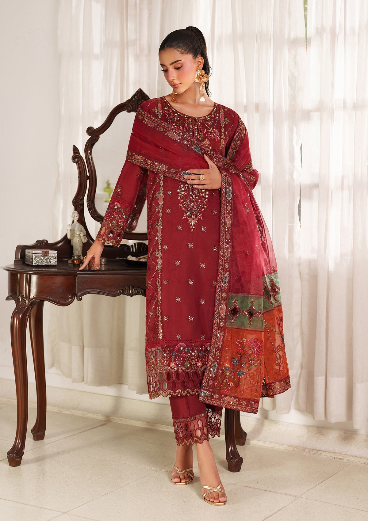 Designer Maroon Organza Salwar Kameez Online in KSA Riyadh Saudi Arabia Oman Bahrain Qatar