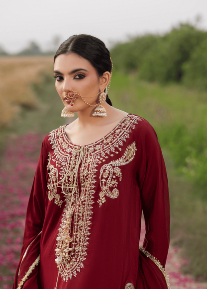 Designer Maroon Raw Silk Sharara Online in KSA Riyadh Saudi Arabia Oman Bahrain Qatar