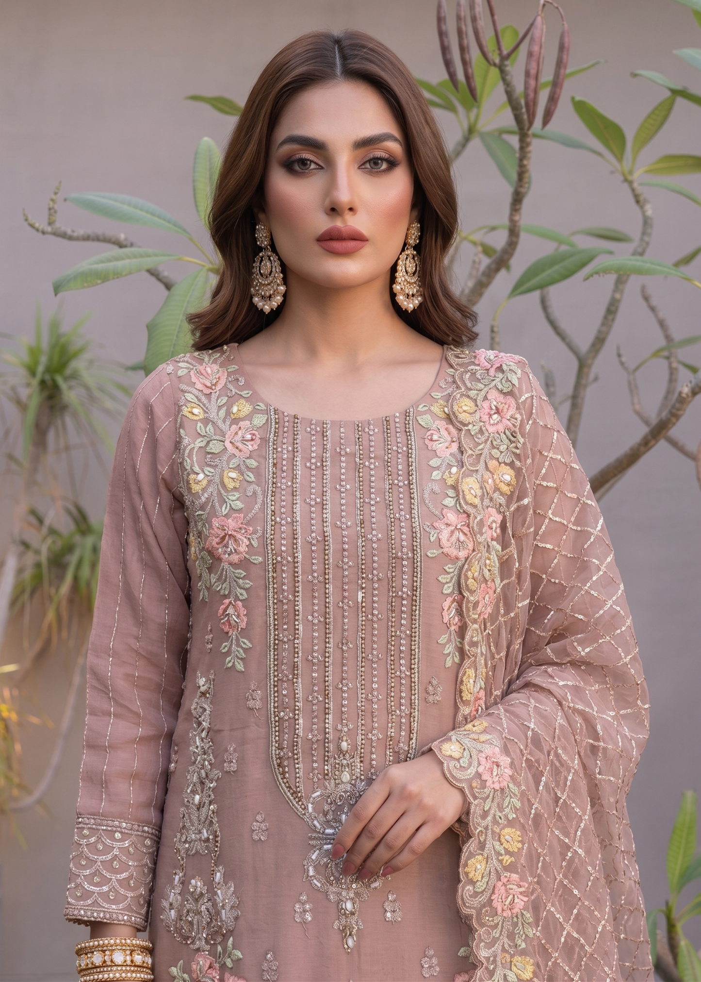 Designer Mauve Pink Embroidered Organza Suit Online in UK USA Canada