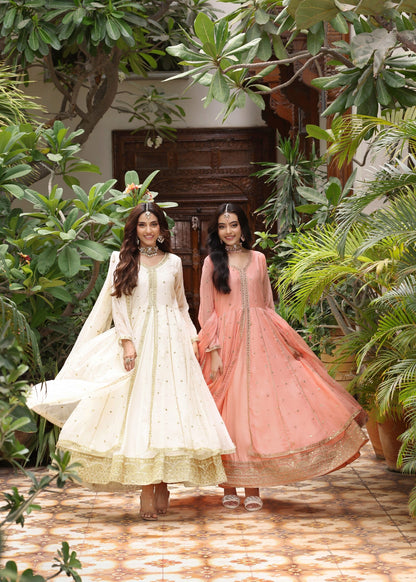 Designer Melon Pink Chiffon Pishwas Suit Online in KSA Riyadh Saudi Arabia Oman Bahrain Qatar