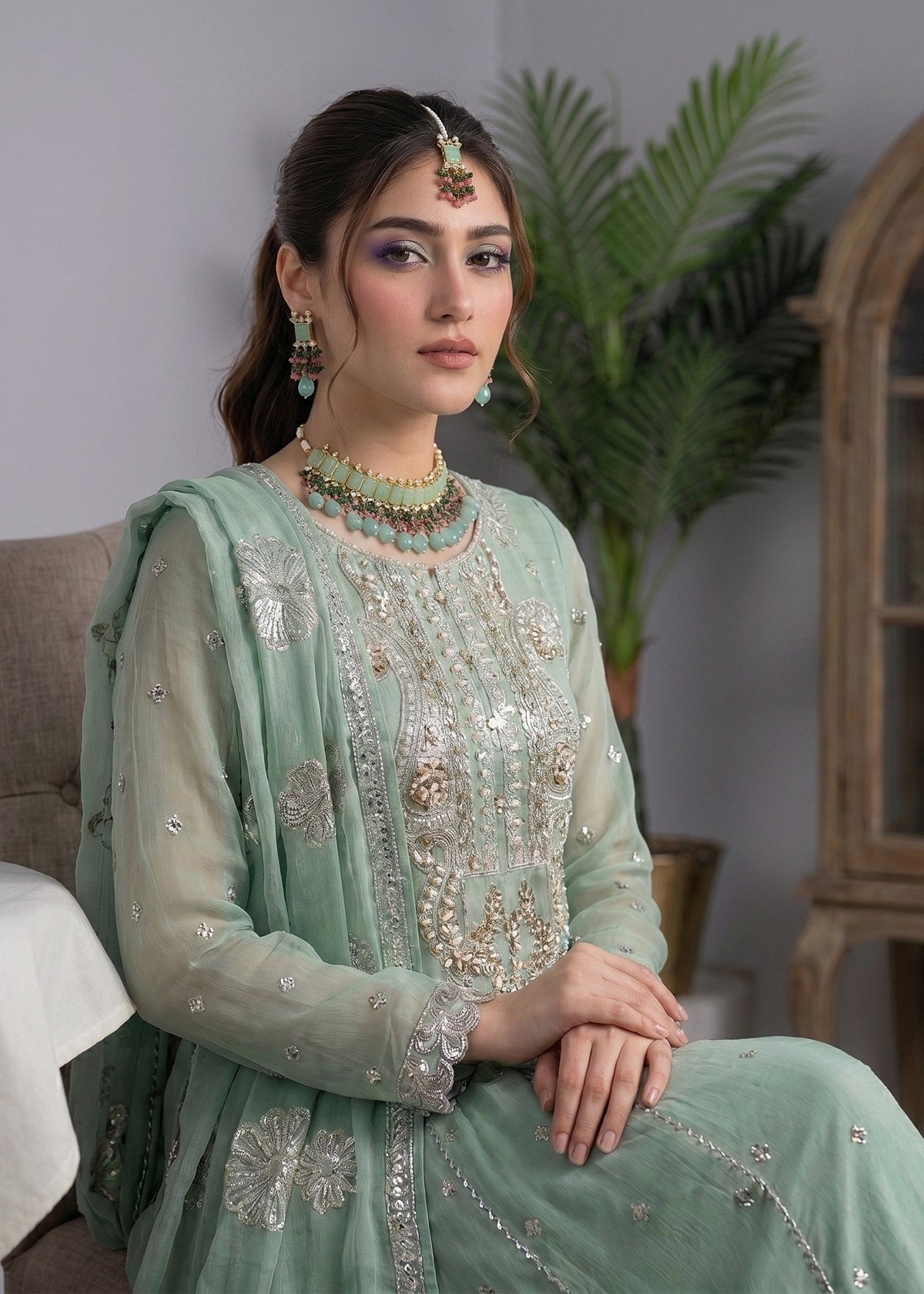 Designer Mint Green Chiffon Pishwas Salwar Suit Online in Dubai DXB UAE Abudhabi Meena Bazaar