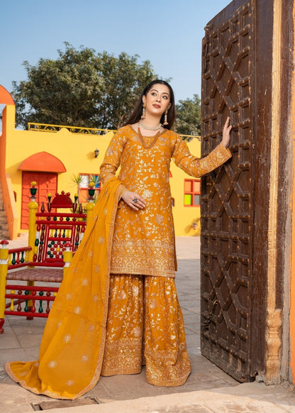 Designer Mustard Chiffon Dupatta Set Online in KSA Riyadh Saudi Arabia Oman Bahrain Qatar