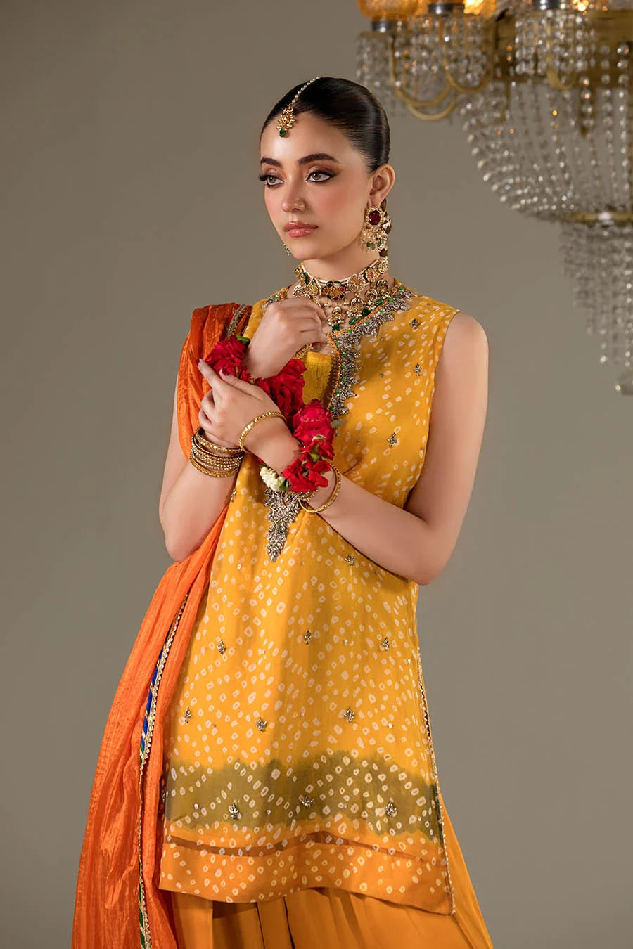 Designer Mustard Chiffon Farshi Suit Online in KSA Riyadh Saudi Arabia Oman Bahrain Qatar
