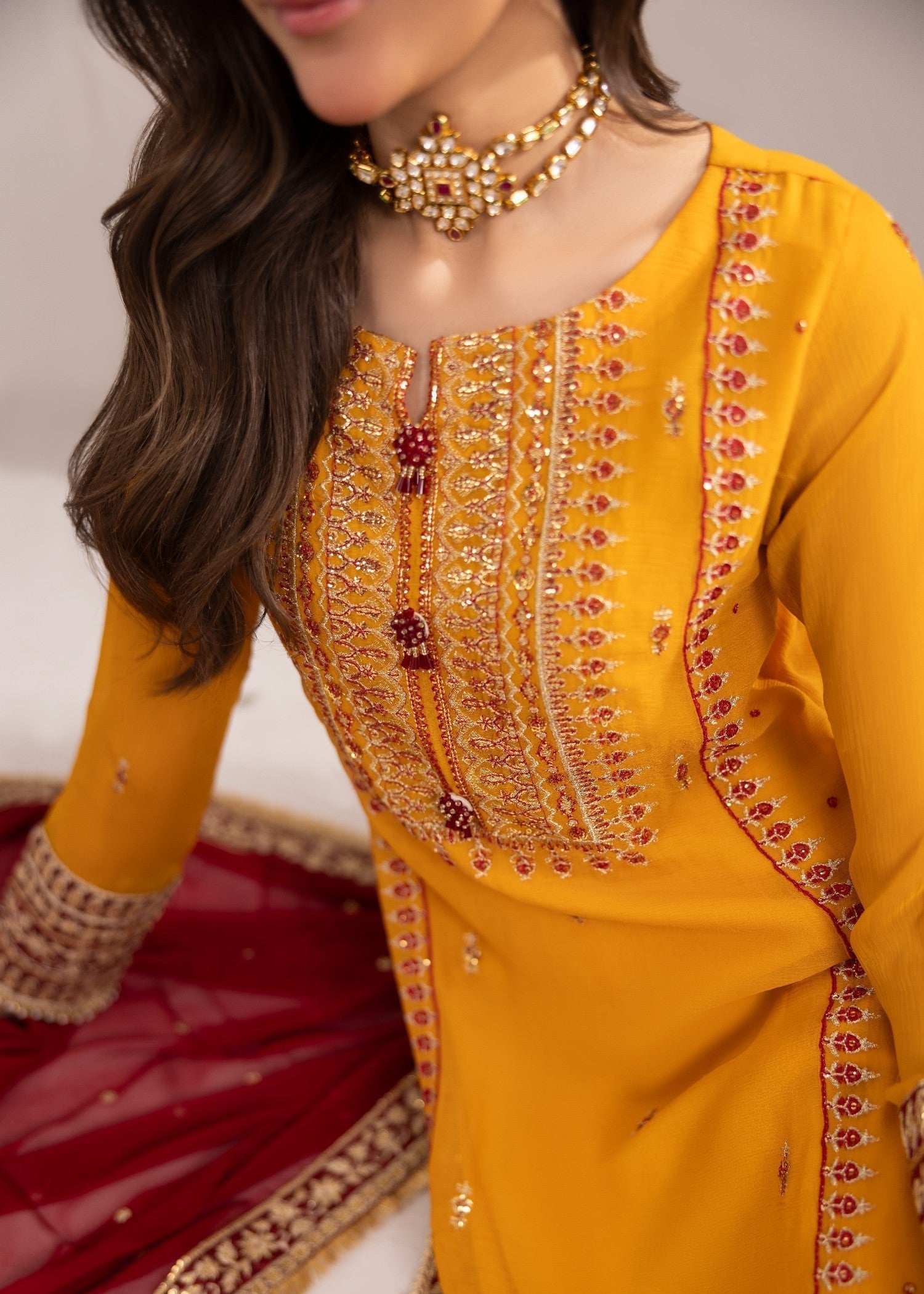 Designer Mustard Embroidered Bemberg Chiffon Kurta Pajama Online in Dubai DXB UAE Abudhabi Meena Bazaar