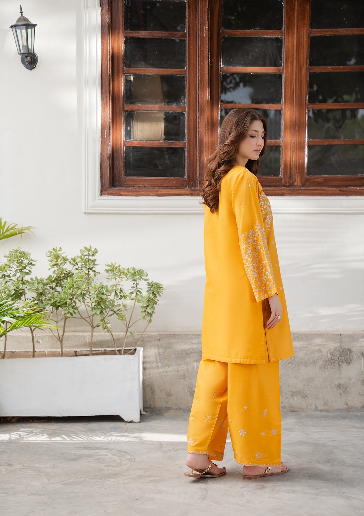 Designer Mustard Embroidered Cotton 2 Piece Suit Online in Sri Lanka India Australia