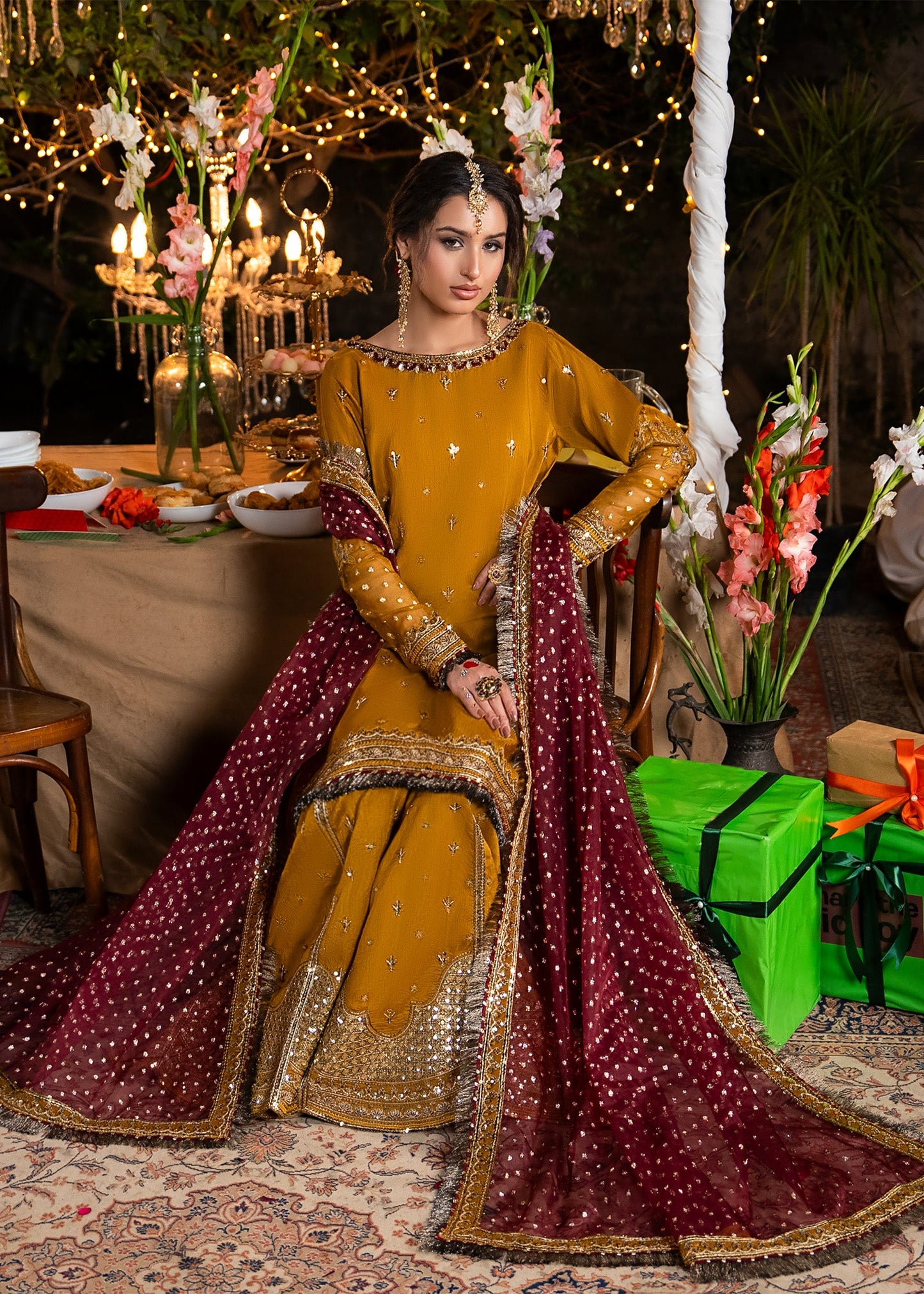 Designer Mustard Embroidered Sharara Suit Online in KSA Riyadh Saudi Arabia Oman Bahrain Qatar