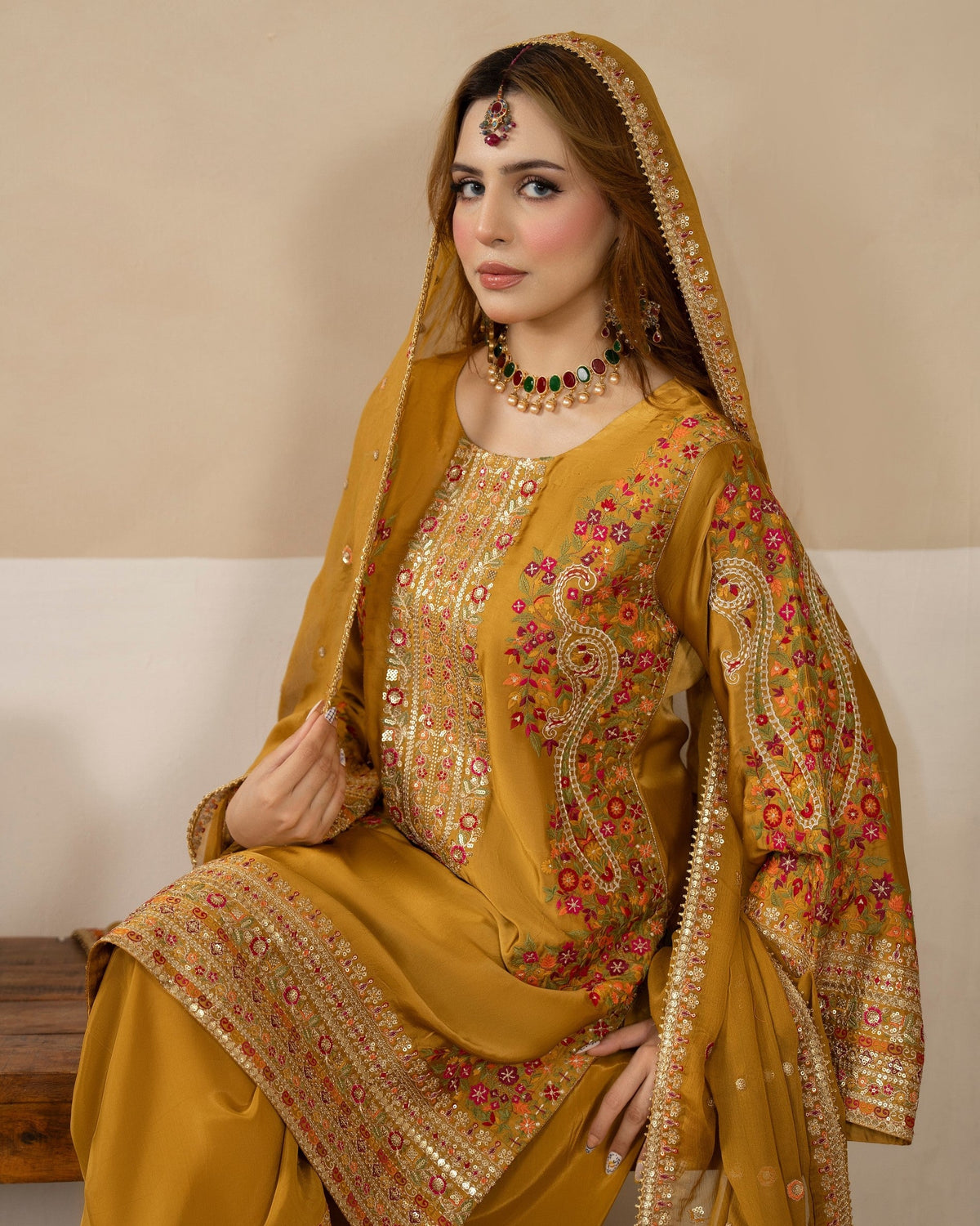 Designer Mustard Embroidered Silk Salwar Kameez Online in Sri Lanka India Australia