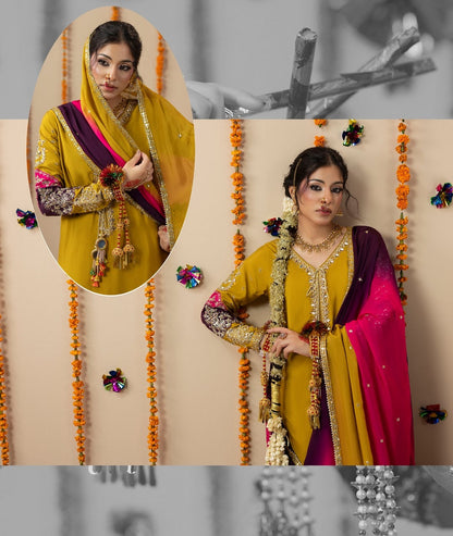 Designer Mustard Raw Silk Shalwar Kameez Online in UK USA Canada