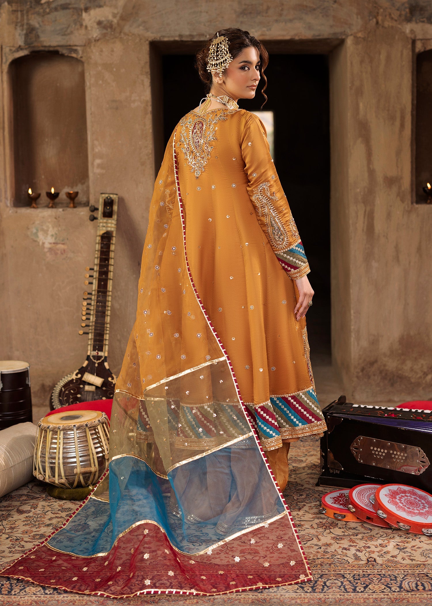 Designer Mustard Silk Embellished Pishwas Suit Online in KSA Riyadh Saudi Arabia Oman Bahrain Qatar