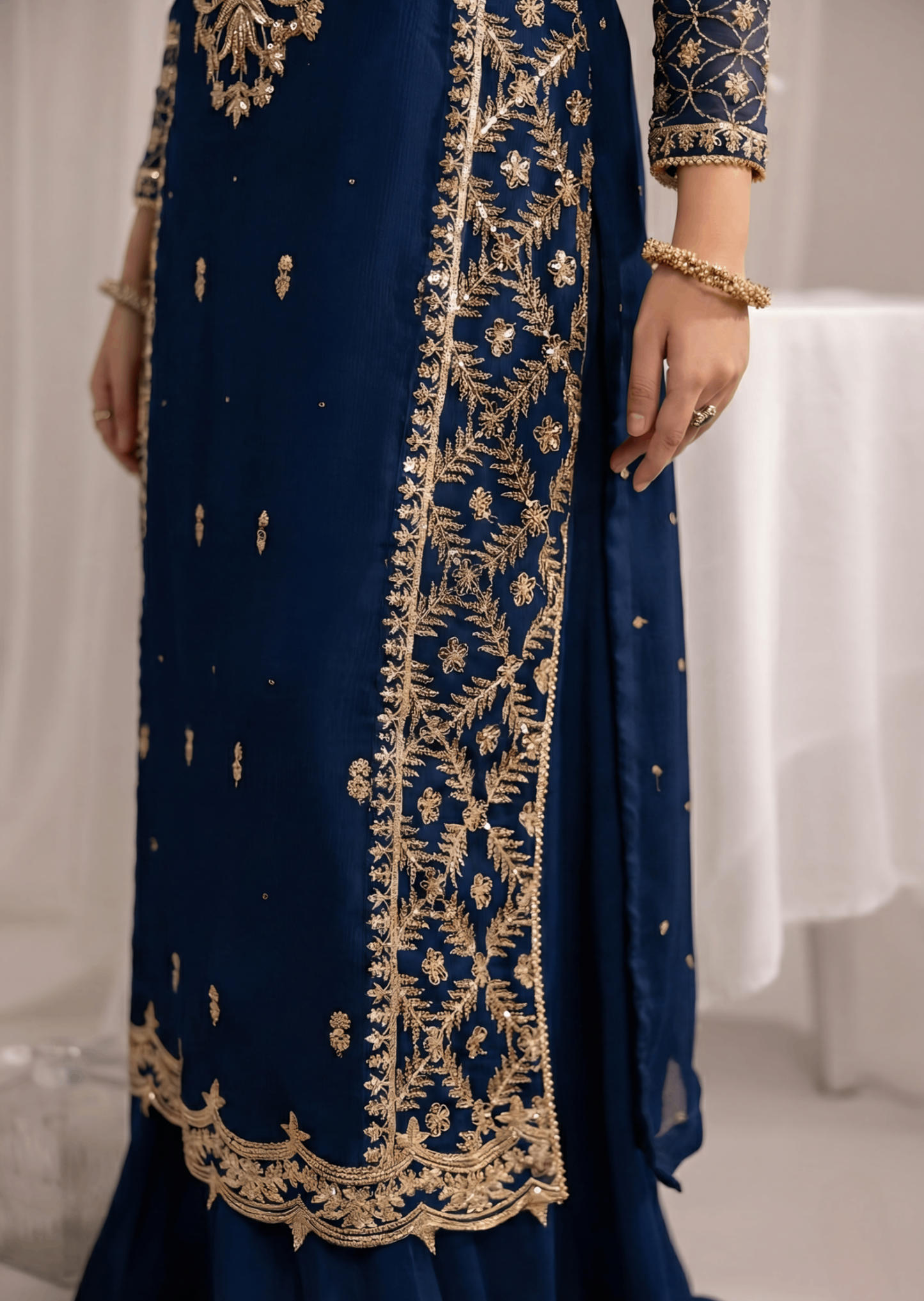 Designer Navy Blue Chiffon Sharara Set Online in KSA Riyadh Saudi Arabia Oman Bahrain Qatar