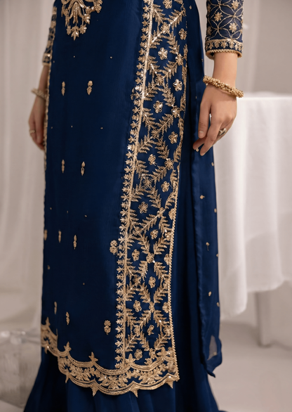 Designer Navy Blue Chiffon Sharara Set Online in KSA Riyadh Saudi Arabia Oman Bahrain Qatar
