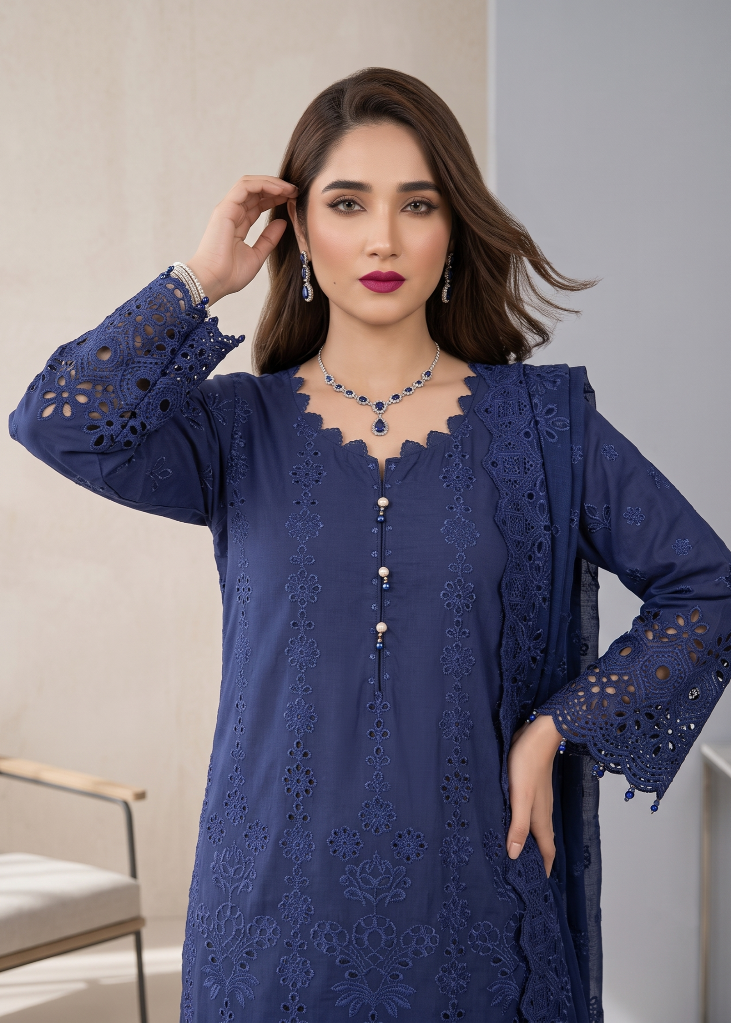 Designer Navy Blue Chikankari Cotton Salwar Kameez Online in KSA Riyadh Saudi Arabia Oman Bahrain Qatar