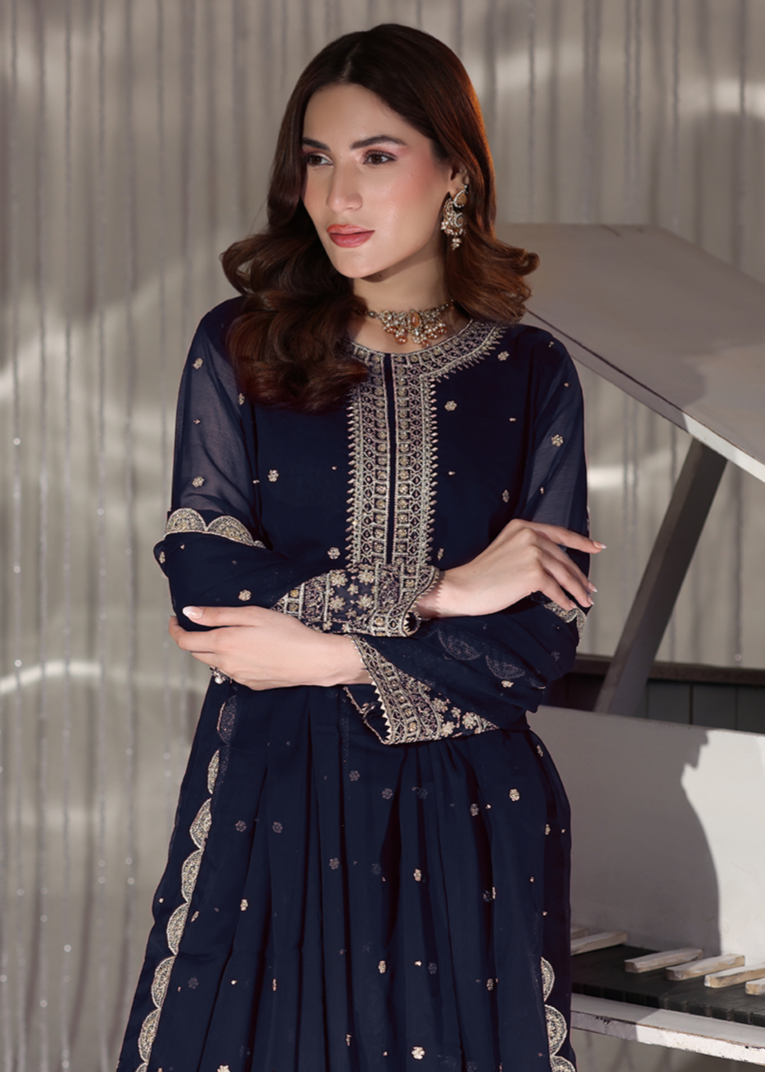 Designer Navy Blue Embroidered Chiffon Lehenga Set Online in KSA Riyadh Saudi Arabia Oman Bahrain Qatar
