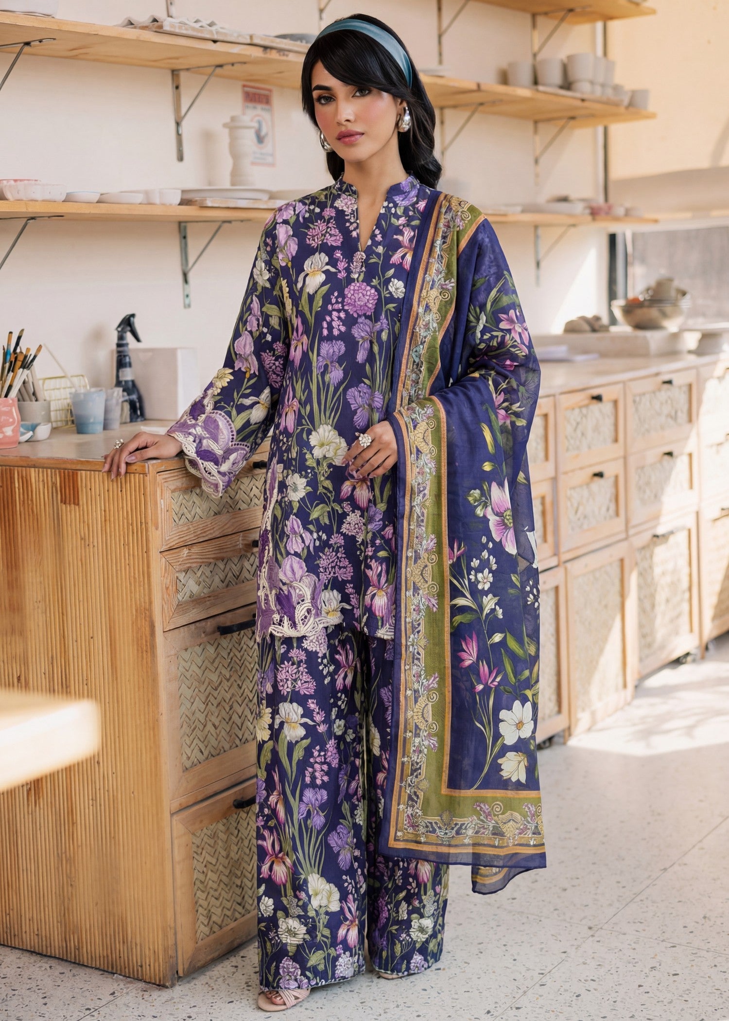 Designer Navy Blue Embroidered Lawn Farshi Shalwar Online in KSA Riyadh Saudi Arabia Oman Bahrain Qatar