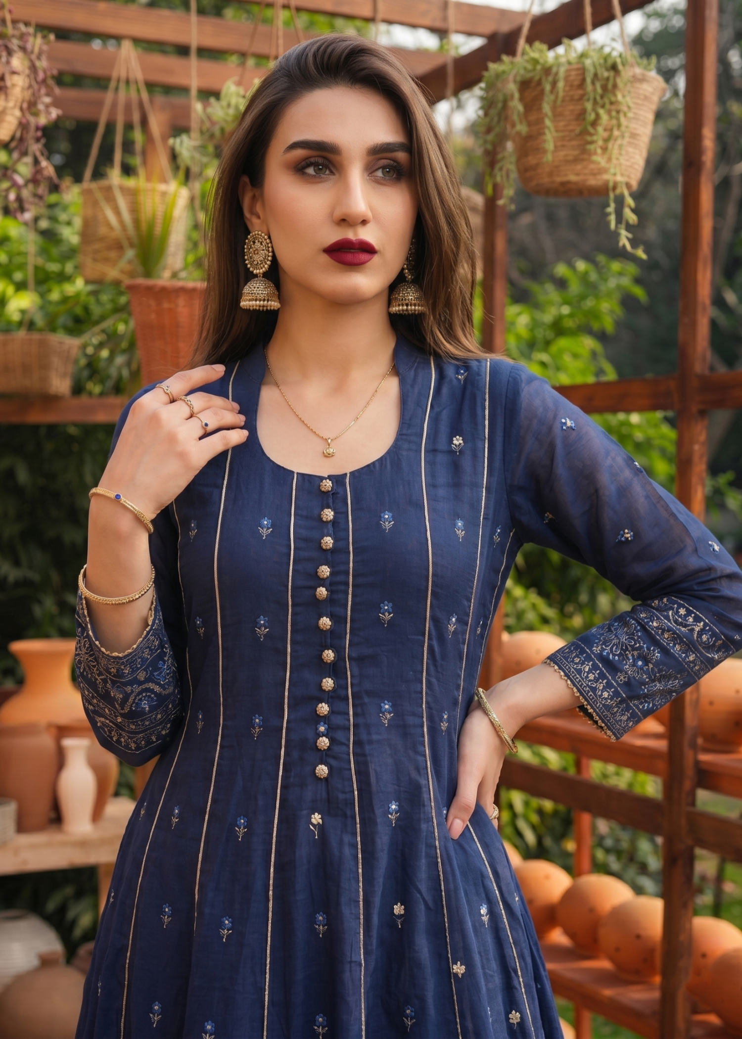 Designer Navy Blue Embroidered Lawn Pishwas Salwar Kameez Online in KSA Riyadh Saudi Arabia Oman Bahrain Qatar