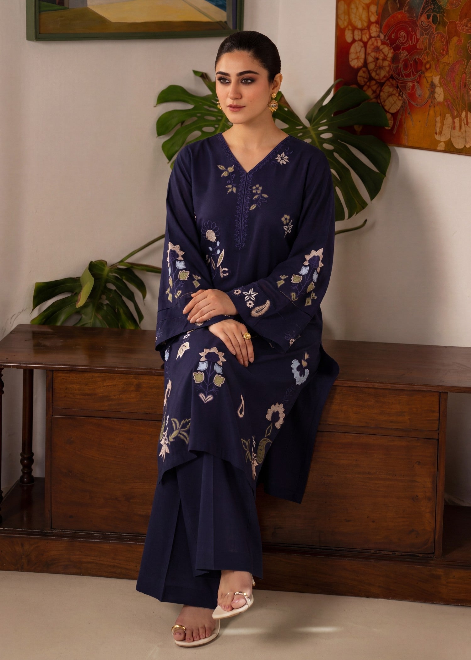 Designer Navy Blue Embroidered Lawn Suit Online in KSA Riyadh Saudi Arabia Oman Bahrain Qatar