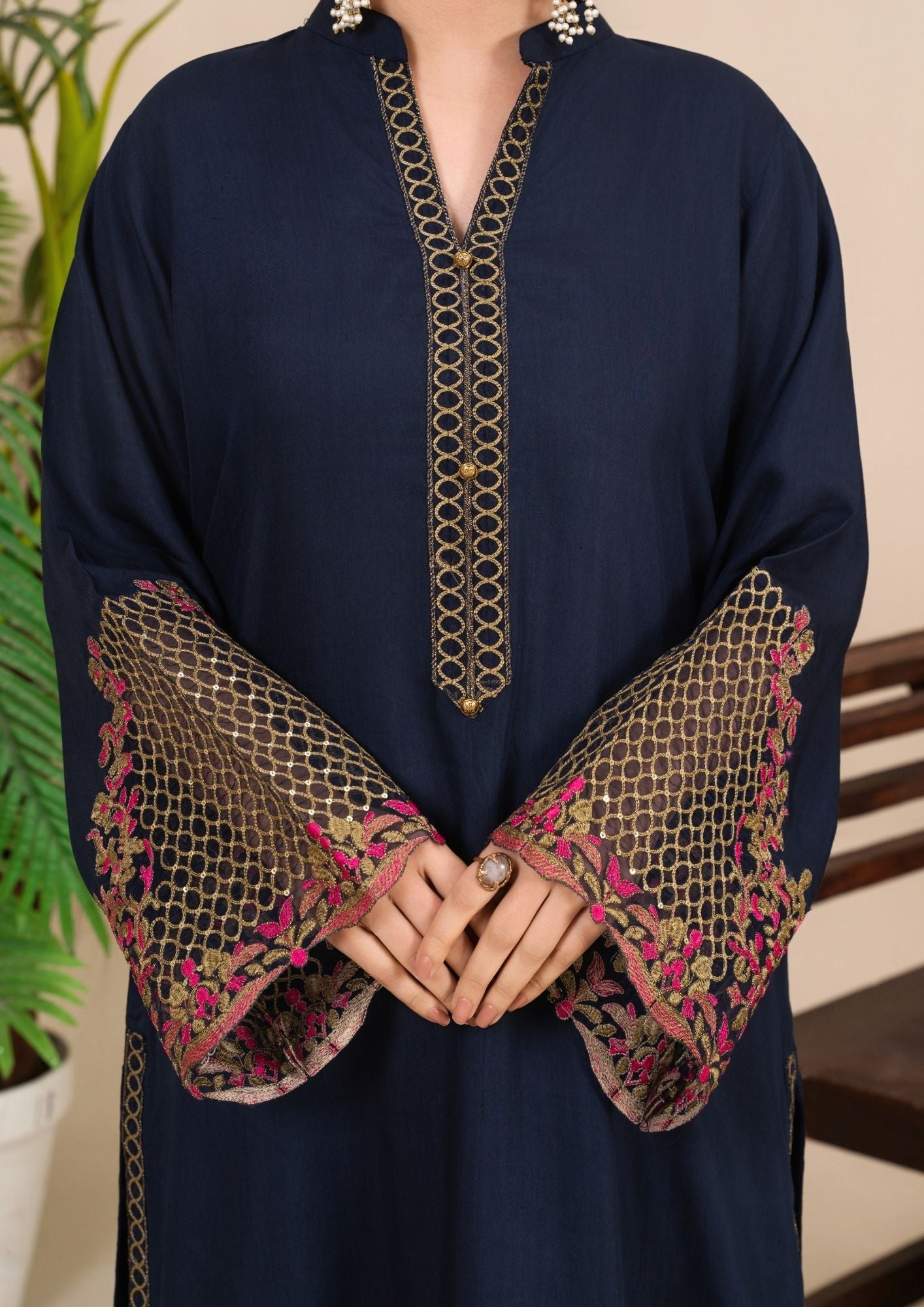 Designer Navy Blue Embroidered Silk Viscose Shalwar Kameez Online in Dubai UAE Abudhabi Ajman Sharjah
