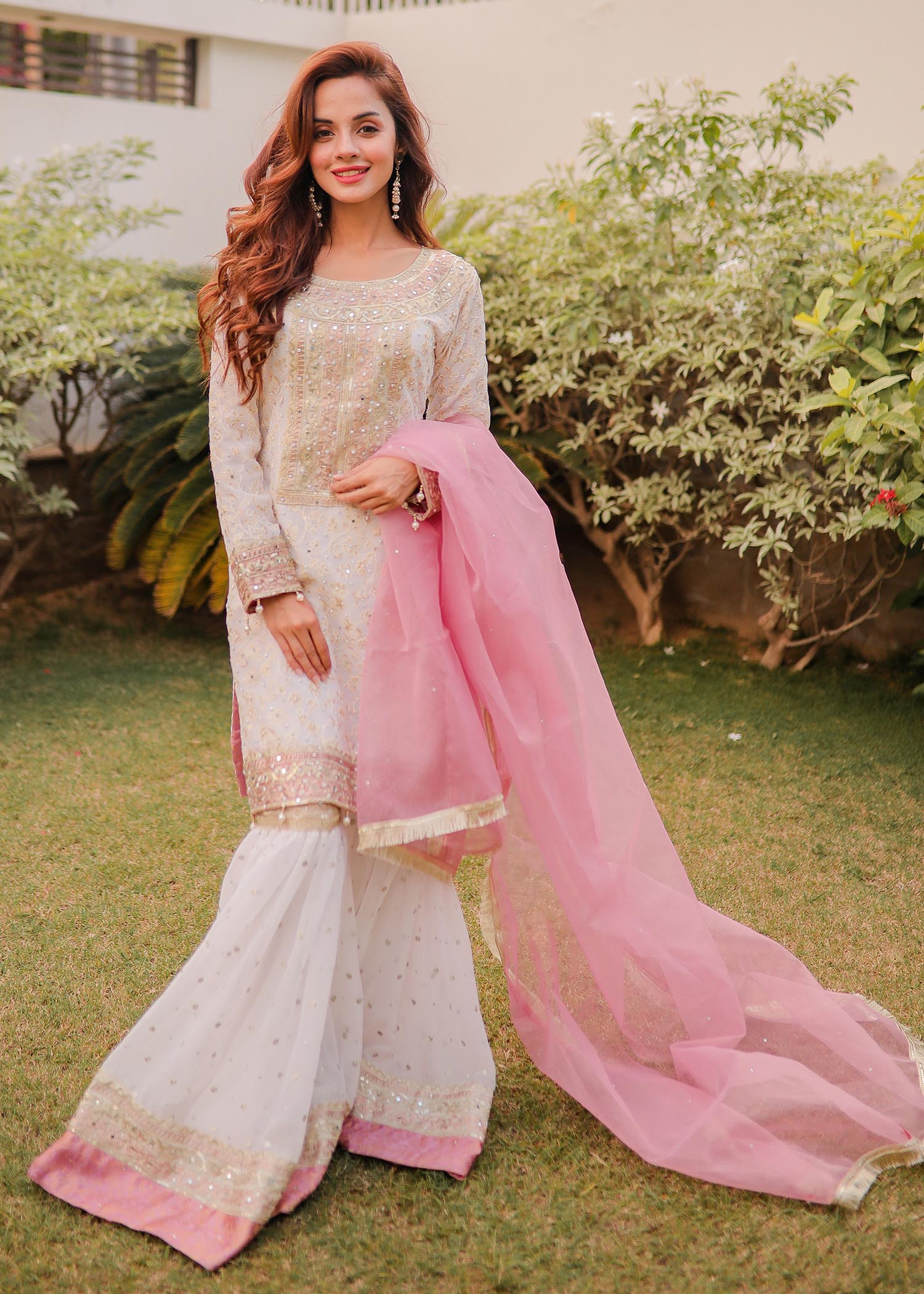 Designer Off-White Chiffon Gharara Party Wear Online in KSA Riyadh Saudi Arabia Oman Bahrain Qatar
