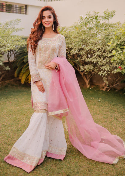 Designer Off-White Chiffon Gharara Party Wear Online in KSA Riyadh Saudi Arabia Oman Bahrain Qatar