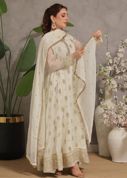 Designer Off-White Chiffon Suit Online in KSA Riyadh Saudi Arabia Oman Bahrain Qatar