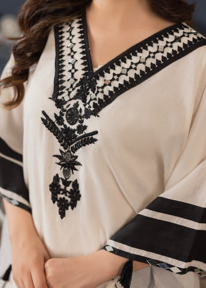 Designer Off-White Embroidered Kaftan Lawn Suit Online in KSA Riyadh Saudi Arabia Oman Bahrain Qatar