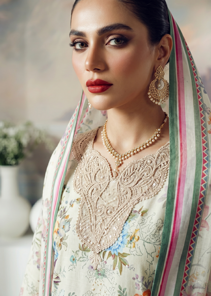 Designer Off-White Embroidered Lawn Salwar Suit Online in Dubai UAE Abudhabi Ajman Sharjah
