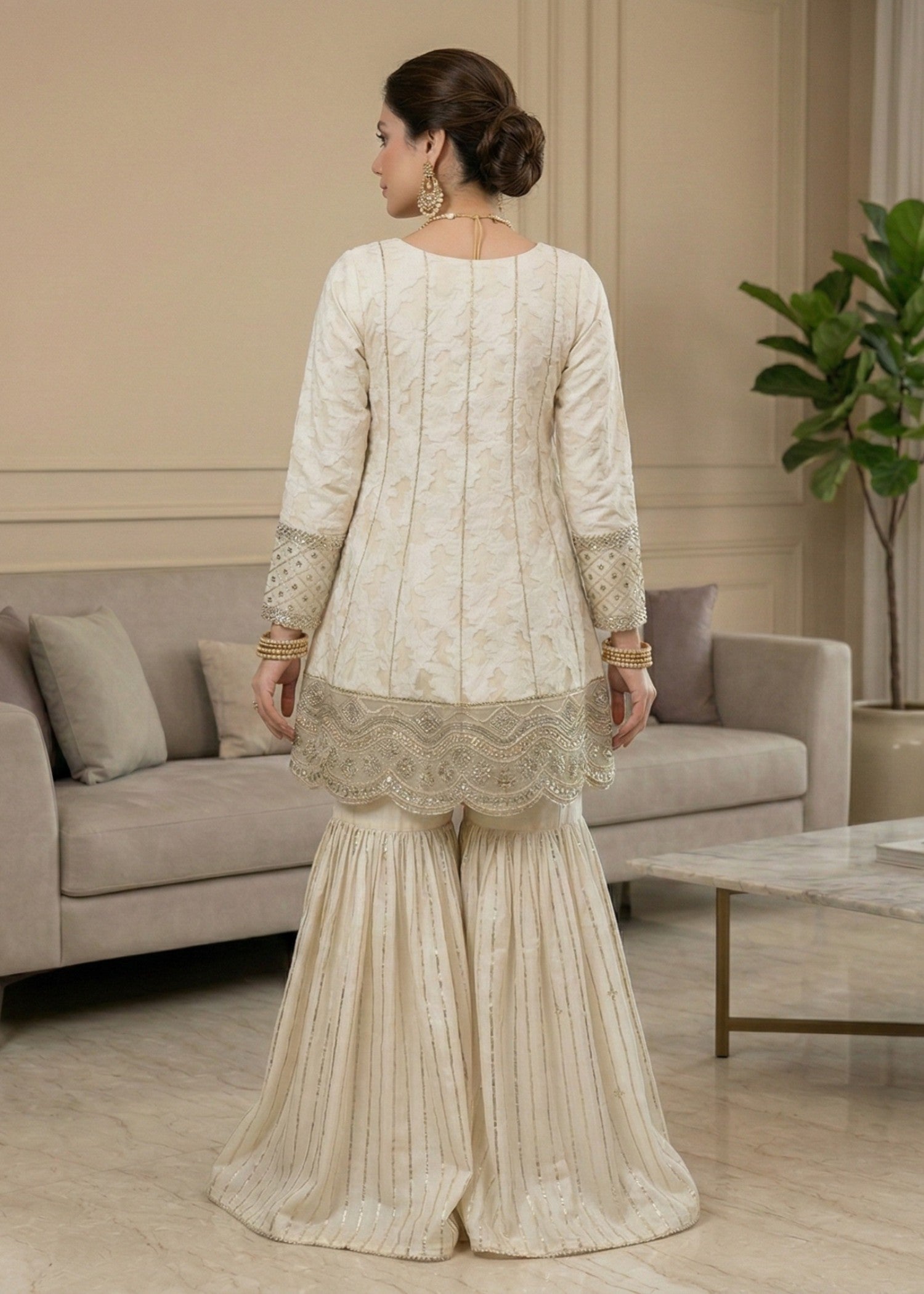Designer Off-White Net Gharara Suit Online in KSA Riyadh Saudi Arabia Oman Bahrain Qatar