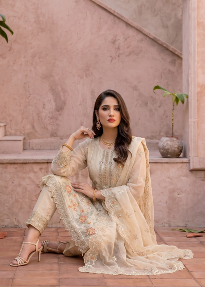Designer Off-White Organza Embroidered Suit Online in KSA Riyadh Saudi Arabia Oman Bahrain Qatar