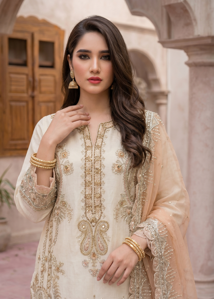 Designer Off-White Organza Suit Online in KSA Riyadh Saudi Arabia Oman Bahrain Qatar