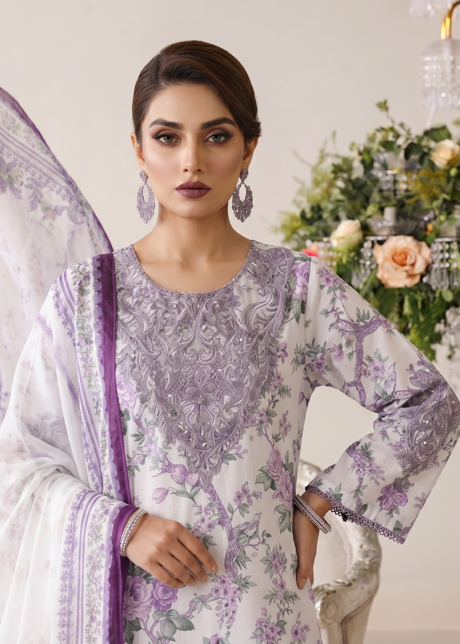 Designer Off White Printed Lawn Suit Online in KSA Riyadh Saudi Arabia Oman Bahrain Qatar