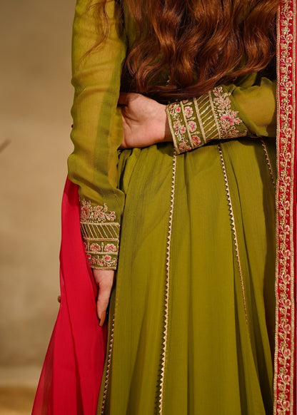 Designer Olive Green Chiffon Pishwas Suit Online in KSA Riyadh Saudi Arabia Oman Bahrain Qatar