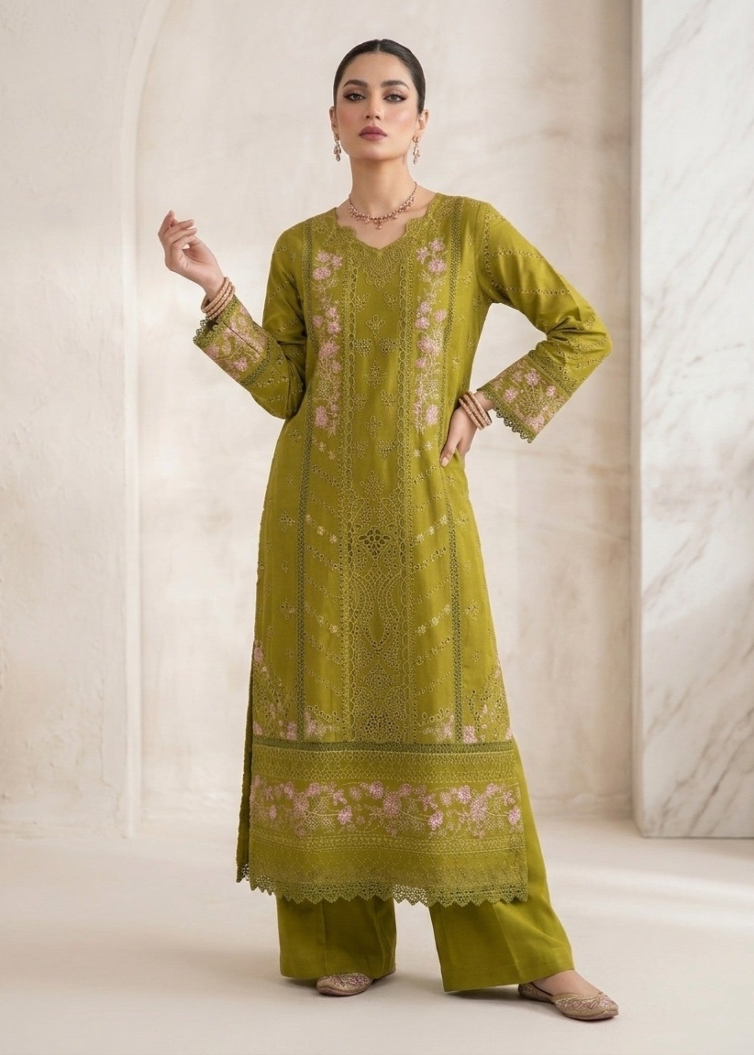 Designer Olive Green Embroidered Lawn Outfit Online in KSA Riyadh Saudi Arabia Oman Bahrain Qatar