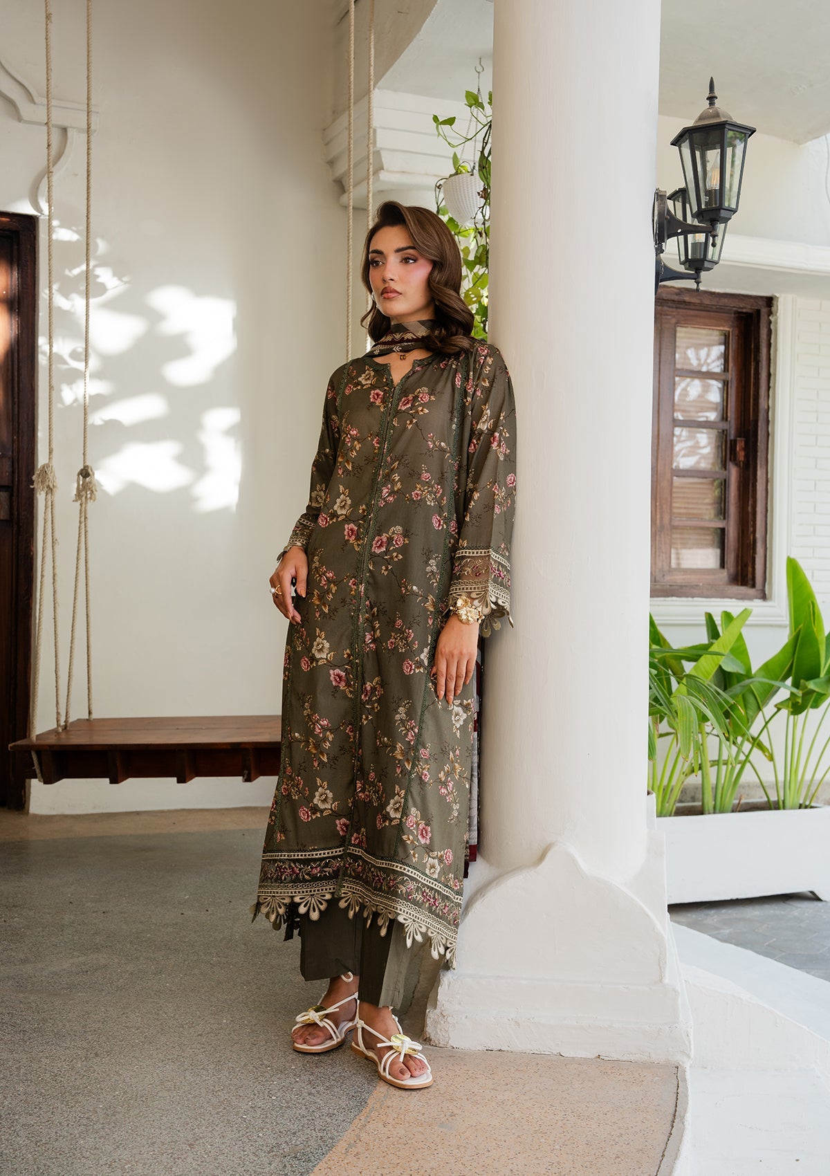 Designer Olive Green Embroidered Lawn Salwar Suit Online in KSA Riyadh Saudi Arabia Oman Bahrain Qatar