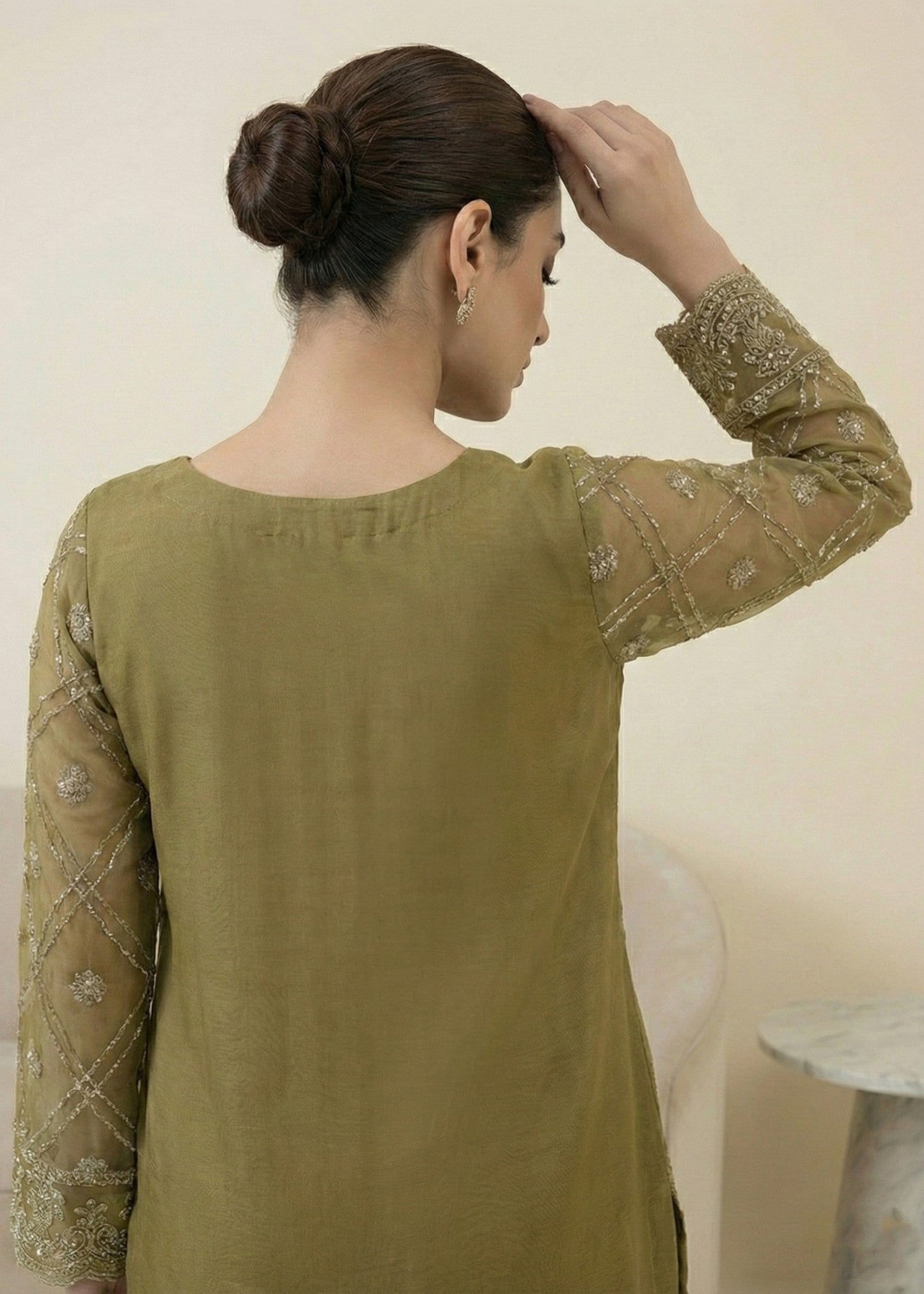 Designer Olive Green Embroidered Organza Dress Material Online in UK USA Canada