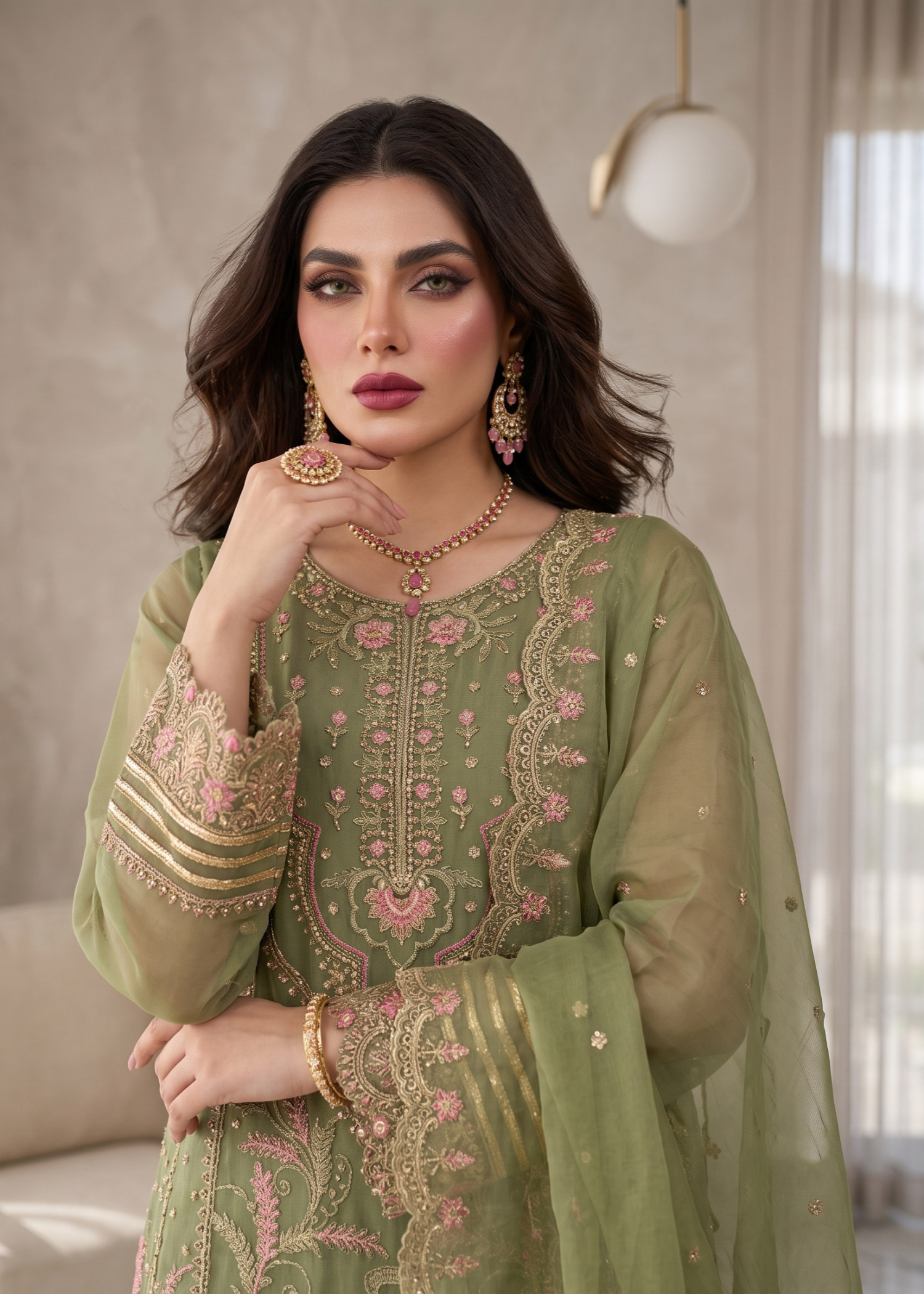 Designer Olive Green Embroidered Organza Shalwar Kameez Online in KSA Riyadh Saudi Arabia Oman Bahrain Qatar