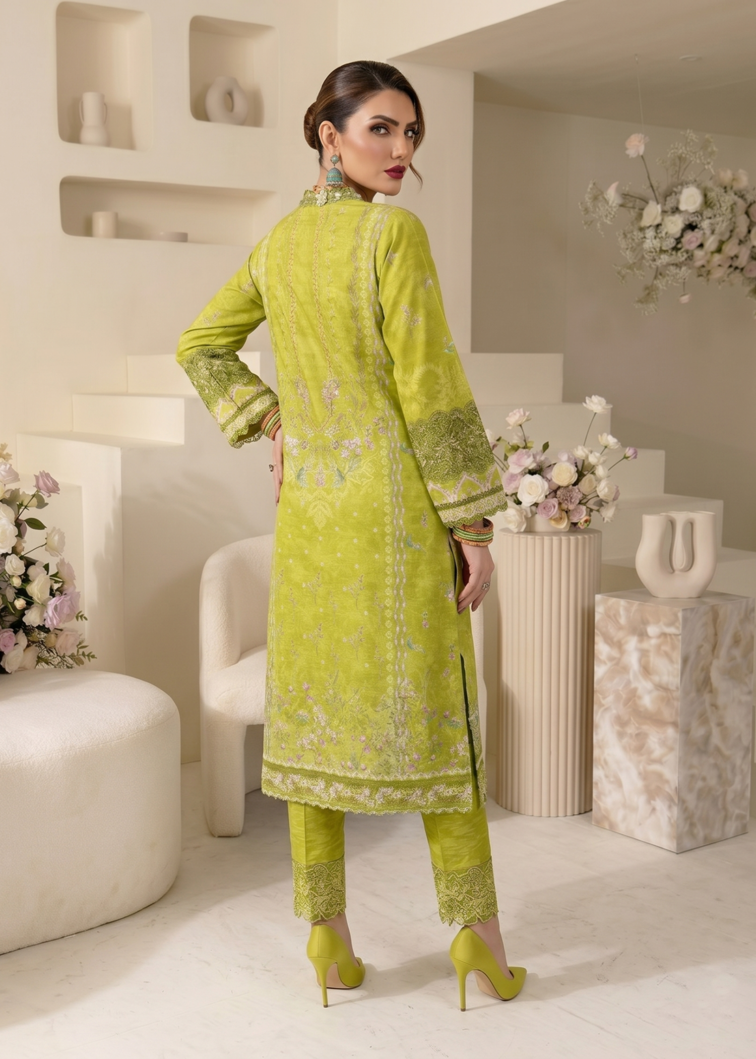Designer Olive Green Embroidered Raw Silk Salwar Suit Online in KSA Riyadh Saudi Arabia Oman Bahrain Qatar