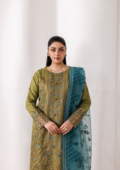 Designer Olive Green Organza Embroidered Suit Online in UK USA Canada
