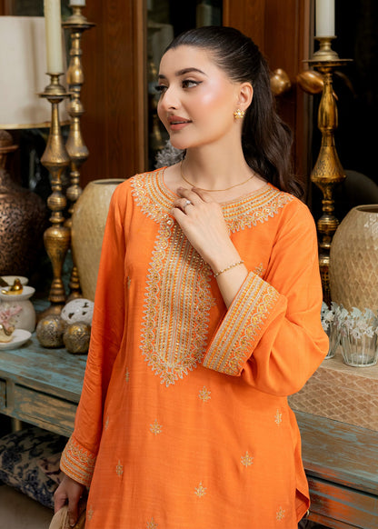 Designer Orange Embroidered Pakistani Farshi Shalwar Online in KSA Riyadh Saudi Arabia Oman Bahrain Qatar