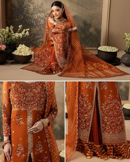 Designer Pakistani Rust Silk Sharara Suit Online in Dubai UAE Abudhabi Ajman Sharjah