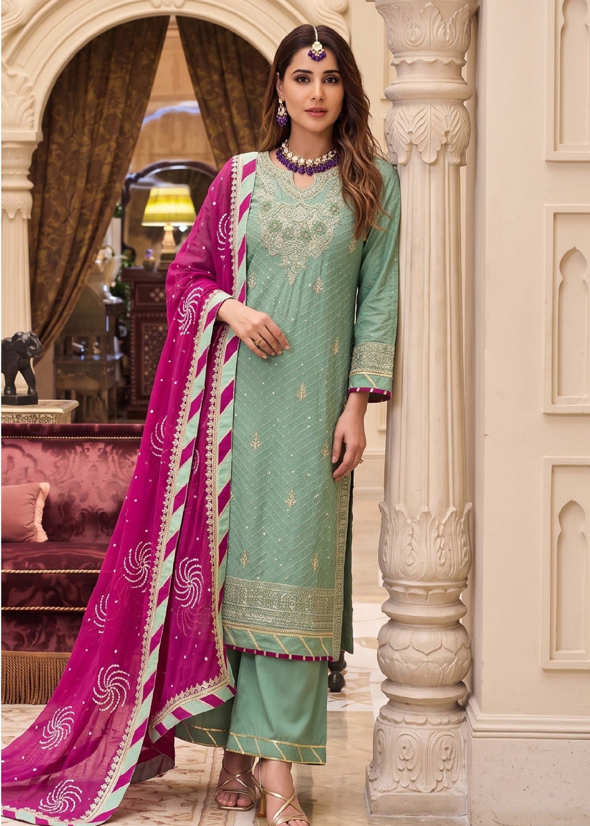 Designer Parrot Green Chiffon Salwar Kameez Online in KSA Riyadh Saudi Arabia Oman Bahrain Qatar