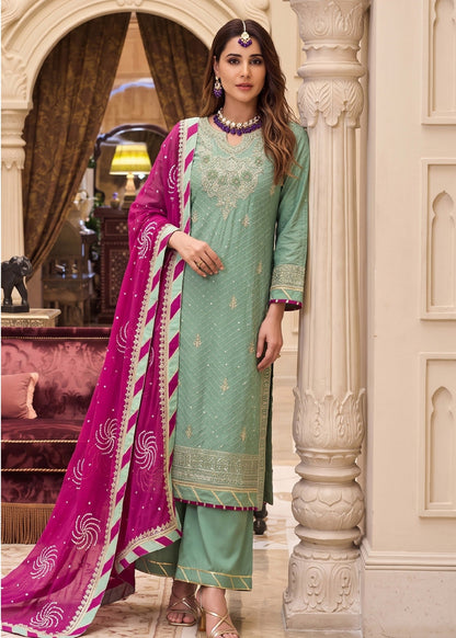 Designer Parrot Green Chiffon Salwar Kameez Online in KSA Riyadh Saudi Arabia Oman Bahrain Qatar