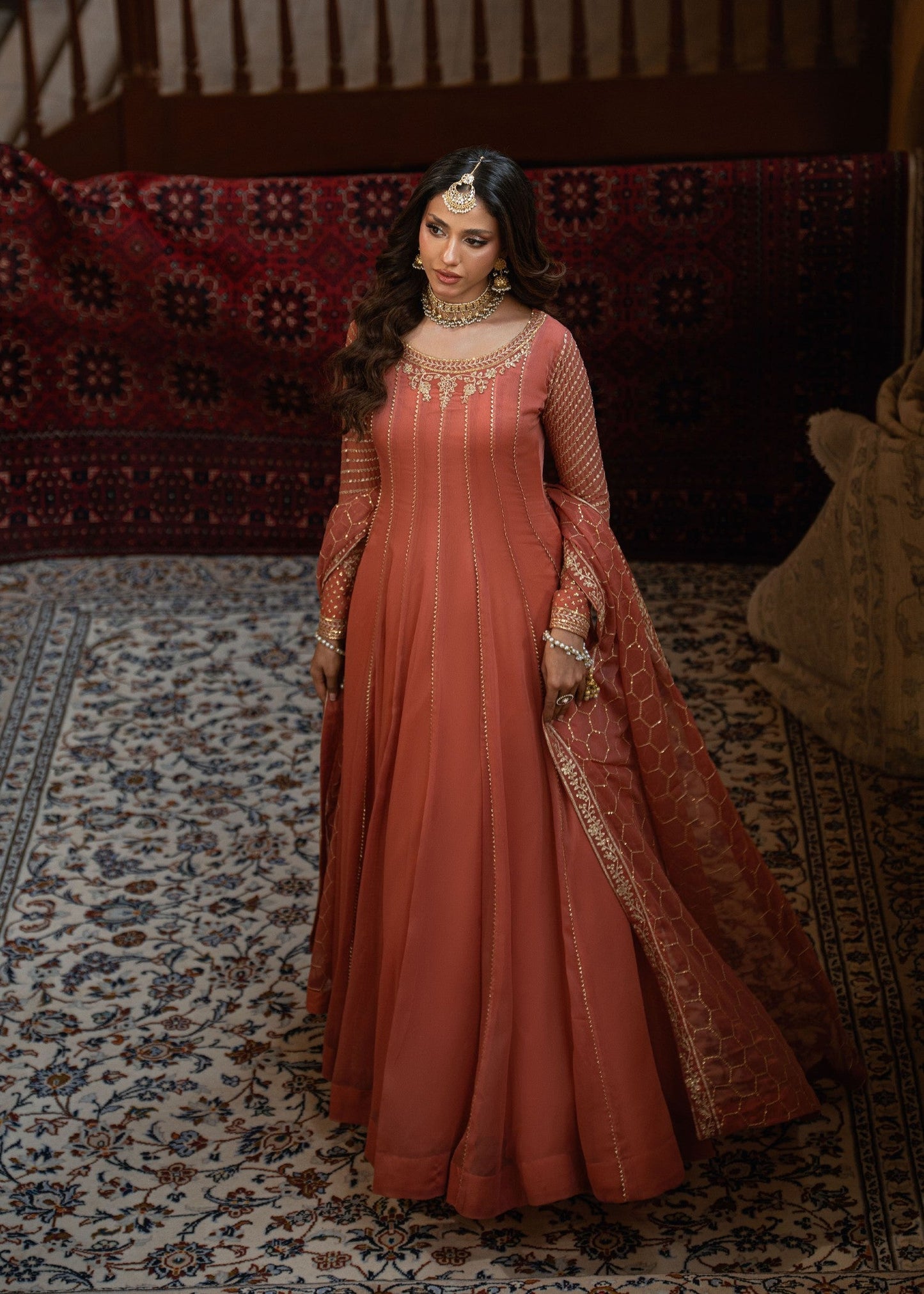 Designer Peach Chiffon Readymade Suit Online in Dubai UAE Abudhabi Ajman Sharjah