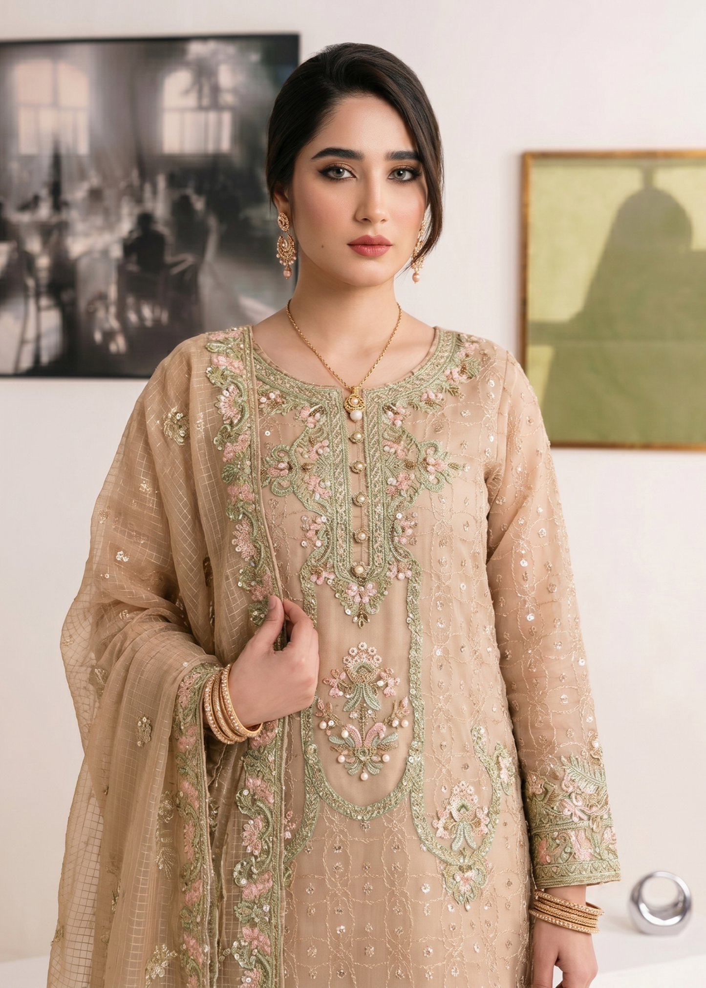 Designer Peach Embroidered Organza Outfit Online in UK USA Canada