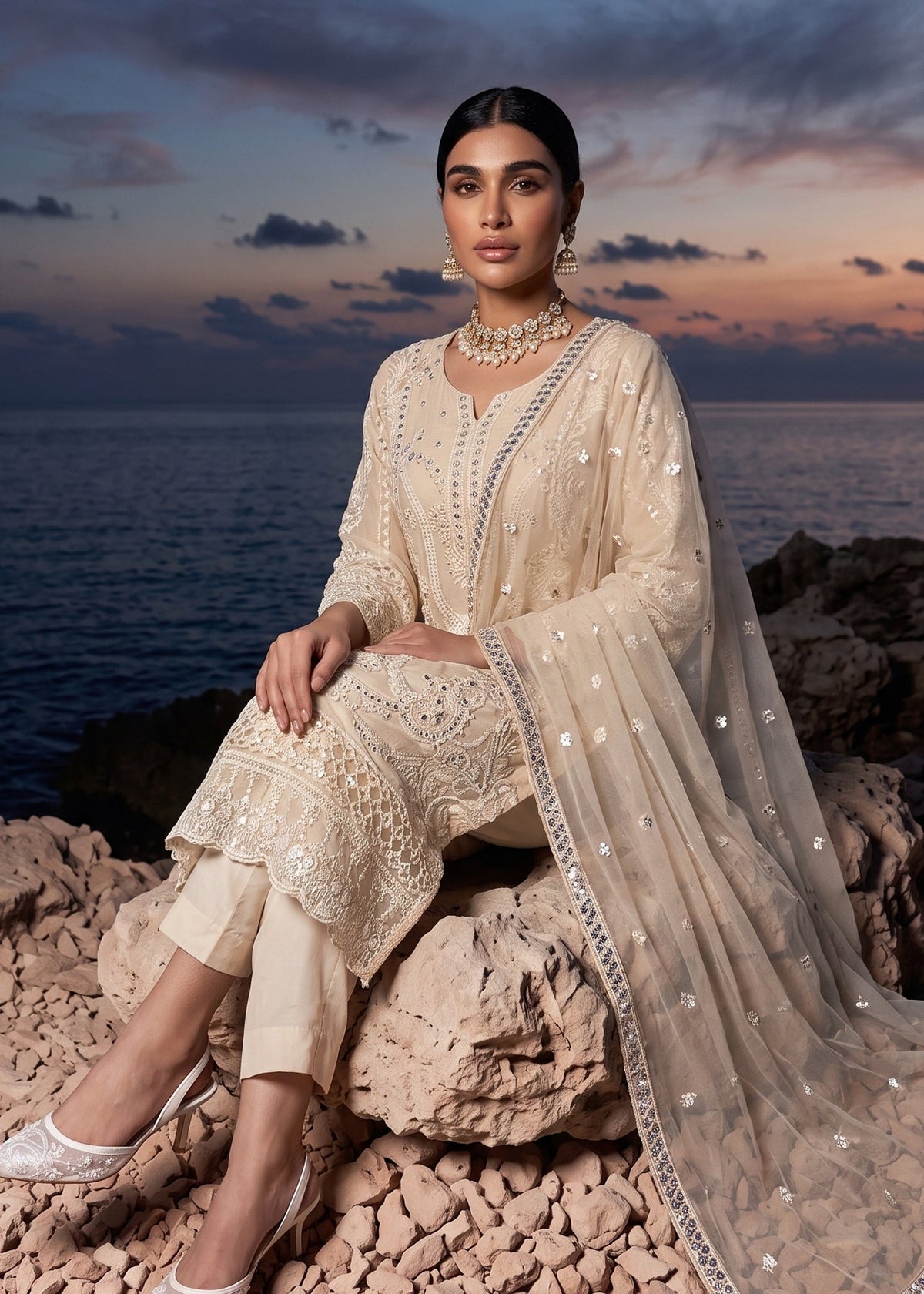 Designer Peach Orange Chiffon Salwar Kameez Online in KSA Riyadh Saudi Arabia Oman Bahrain Qatar