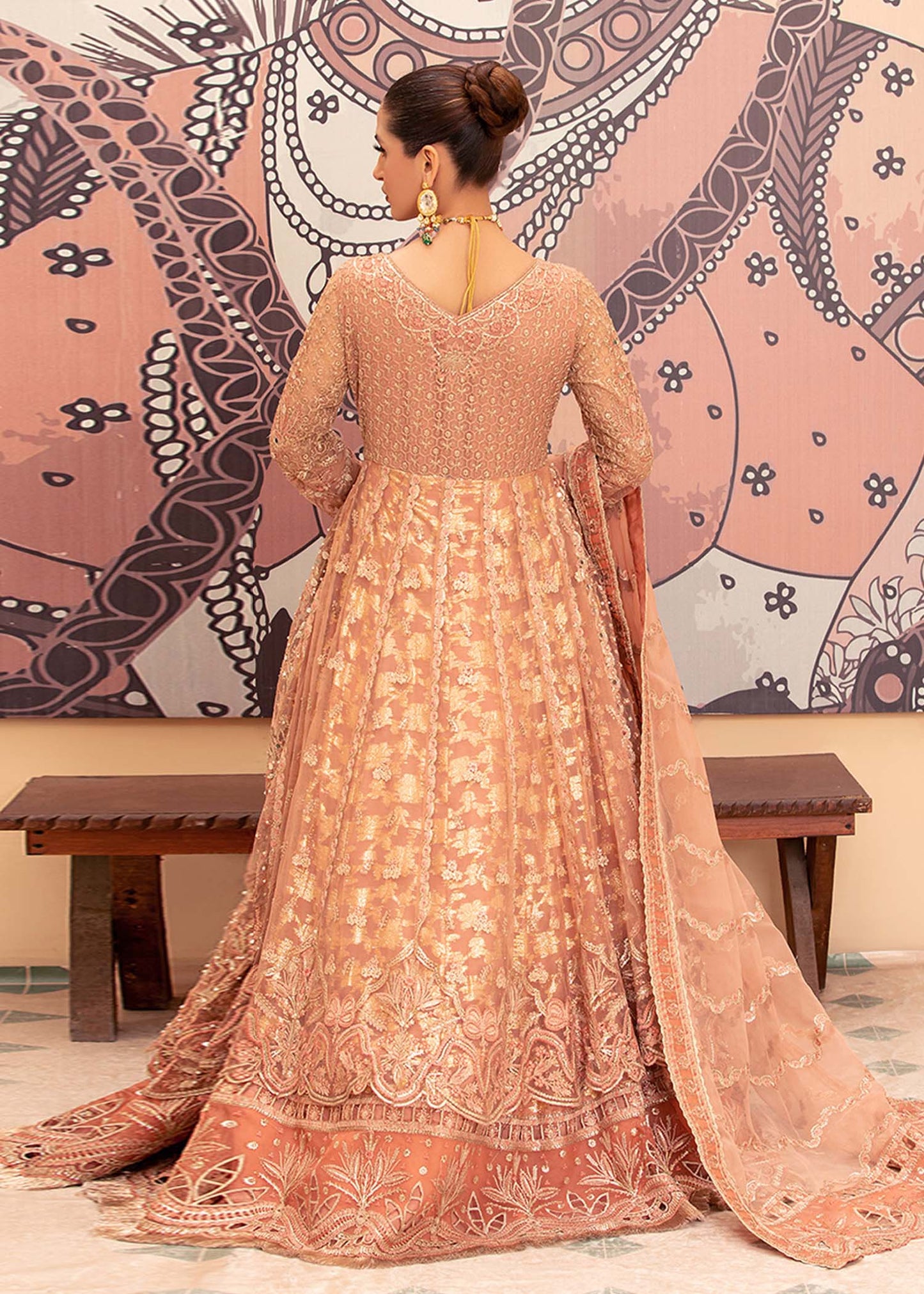 Designer Peach Pink Net Pakistani Suit Online in KSA Riyadh Saudi Arabia Oman Bahrain Qatar