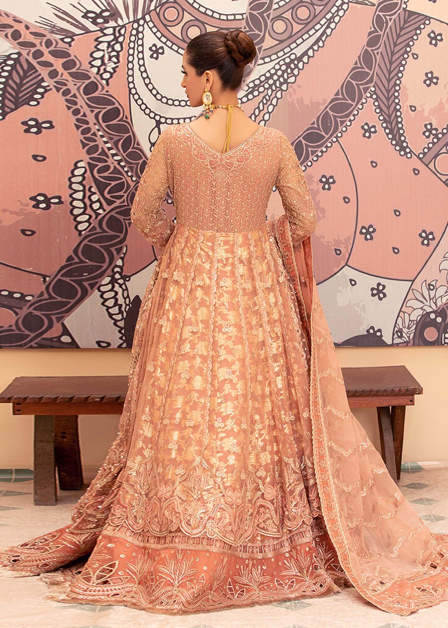 Designer Peach Pink Net Pakistani Suit Online in KSA Riyadh Saudi Arabia Oman Bahrain Qatar