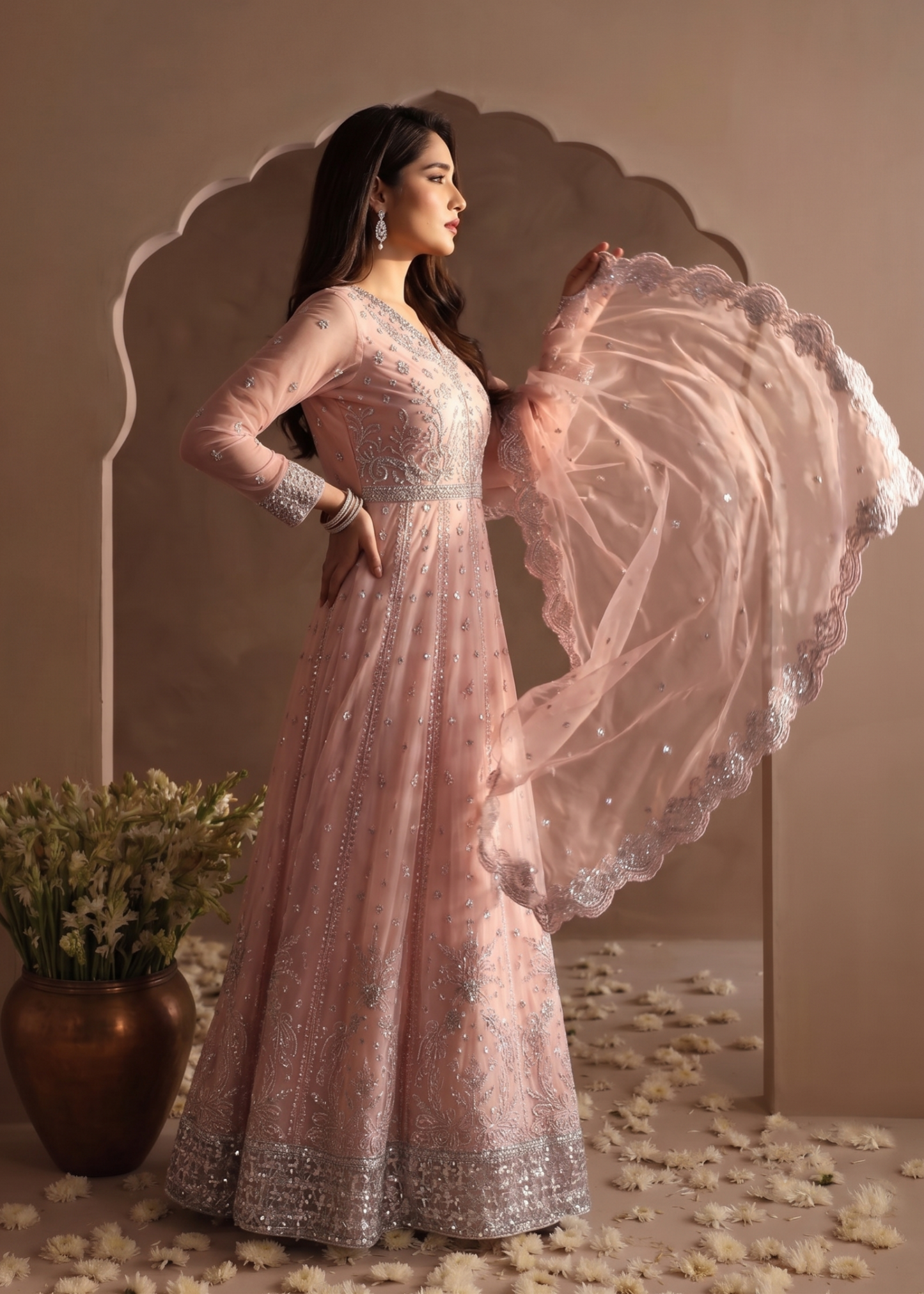 Designer Pink Chiffon Maxi Suit with Dupatta Online in KSA Riyadh Saudi Arabia Oman Bahrain Qatar